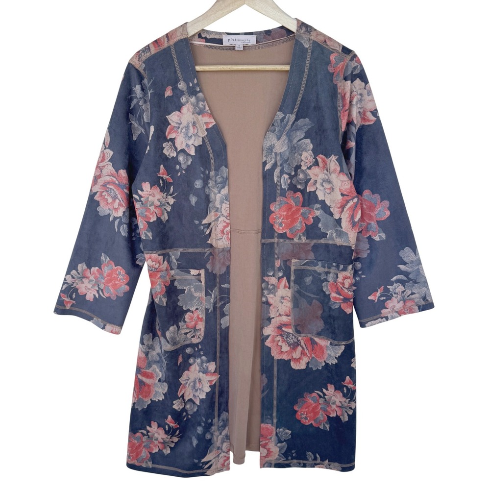 Philosophy Republic Clothing Sz S Faux Leather‎ Floral Kimono Cardigan Coat Boho